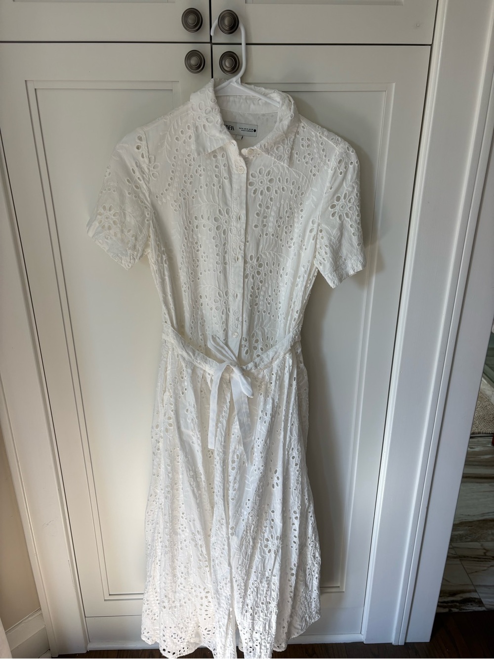 Zara White Eyelet Maxi Shirt Dress with Tie Waist